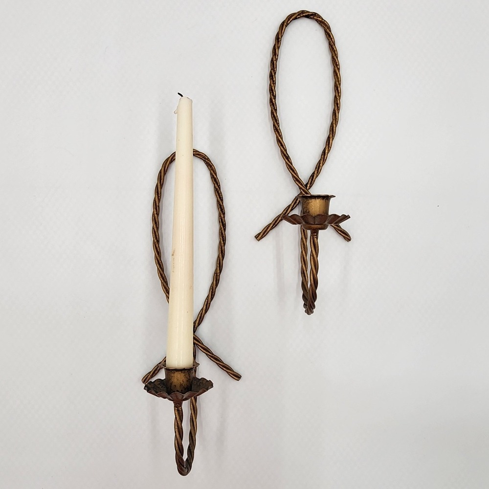 Vintage Pair Home Interior Gold Twisted Rope Candle Holders Wall Sconces